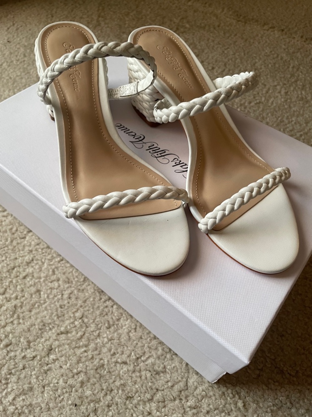 Saks Fifth Avenue White Braided-Strap Slip-On Heels size 37- orig price $275